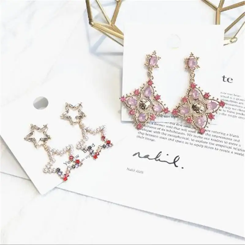 2021 Palace style retro pink stone 925 needle woman long Baroque earrings clip exaggerated slimming temperament brand new | Украшения и