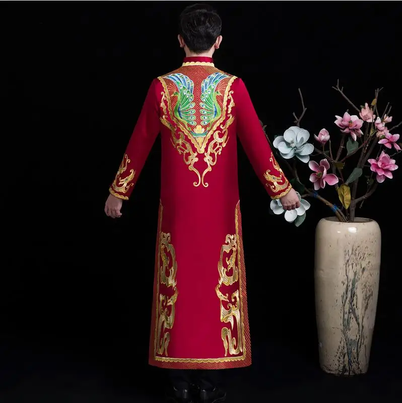 Азиатский элемент мужские костюмы Тан куртка + халат традиционный свадебный