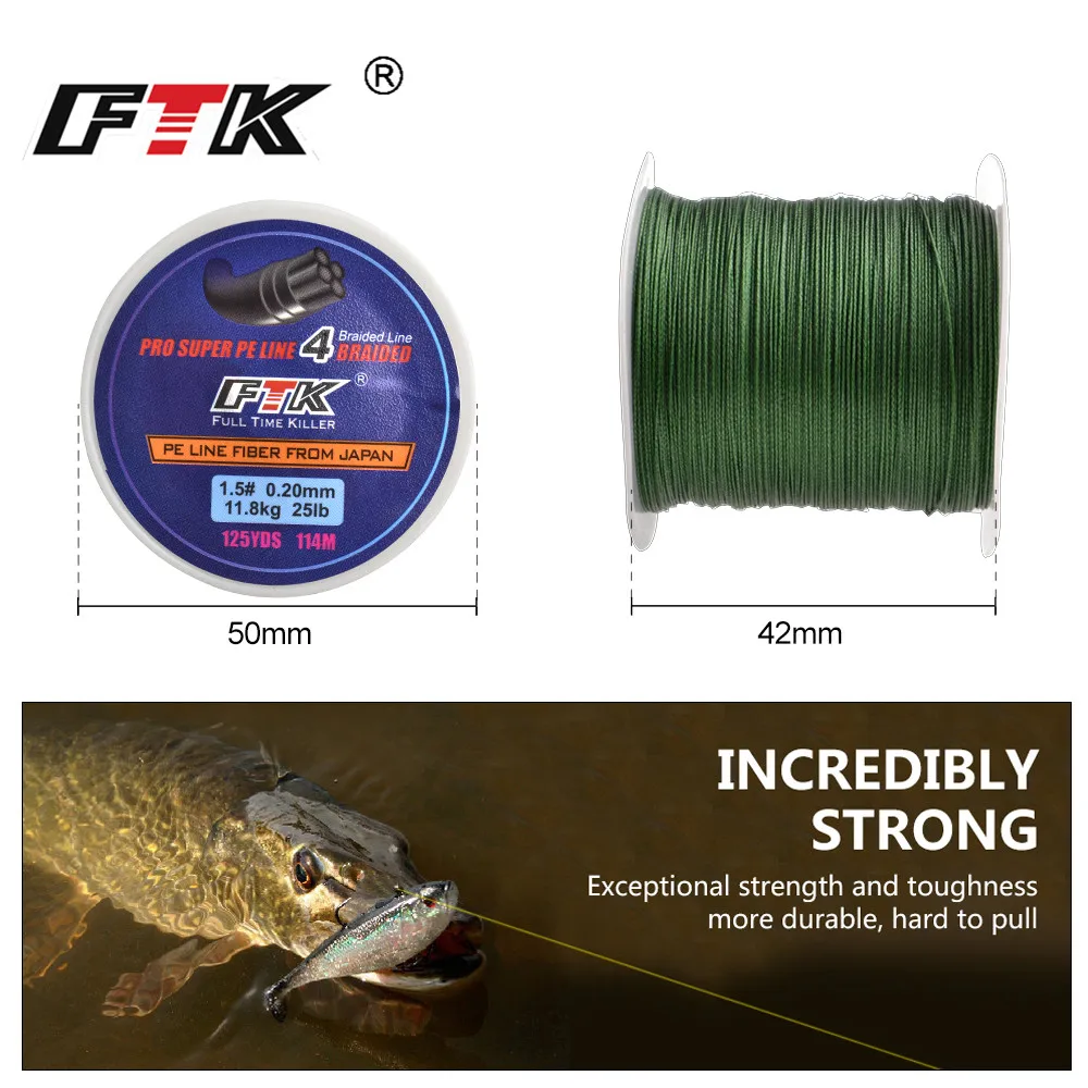 Плетеная рыболовная леска FTK 114 м 125 ярдов 4 нити PE 8 10 20 30 40 50 60LB провода японская