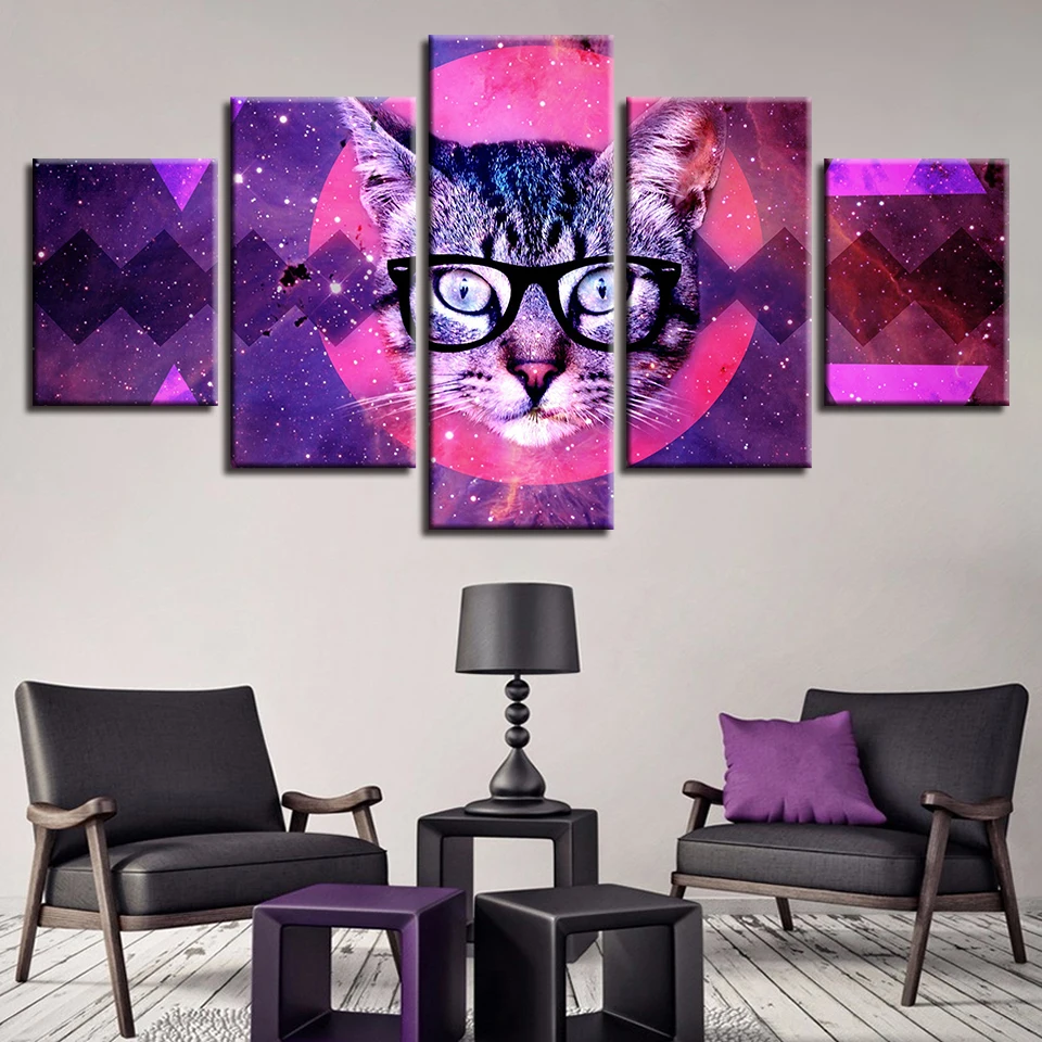 

Wall Art Decor Frame Modern 5 Pieces Abstract Red Moon And Animal Cat Glasses Pictures HD Printed Poster Modular Canvas Painting