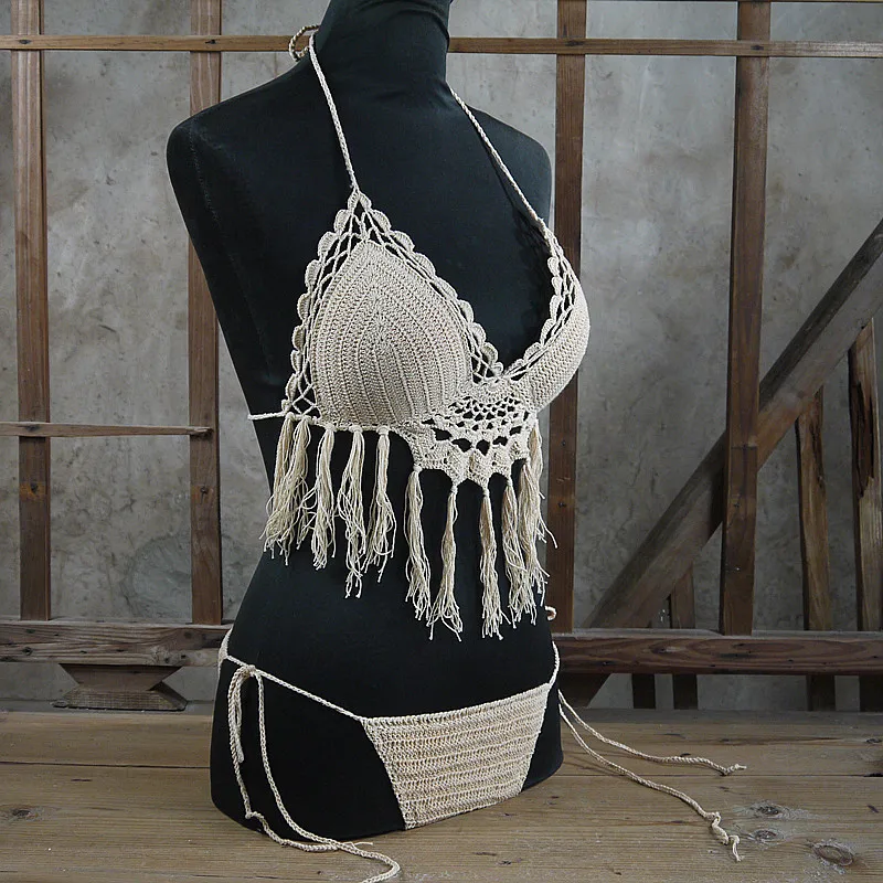 Черно-белое вязаное крючком бикини 2017 укороченный топ купальник для женщин