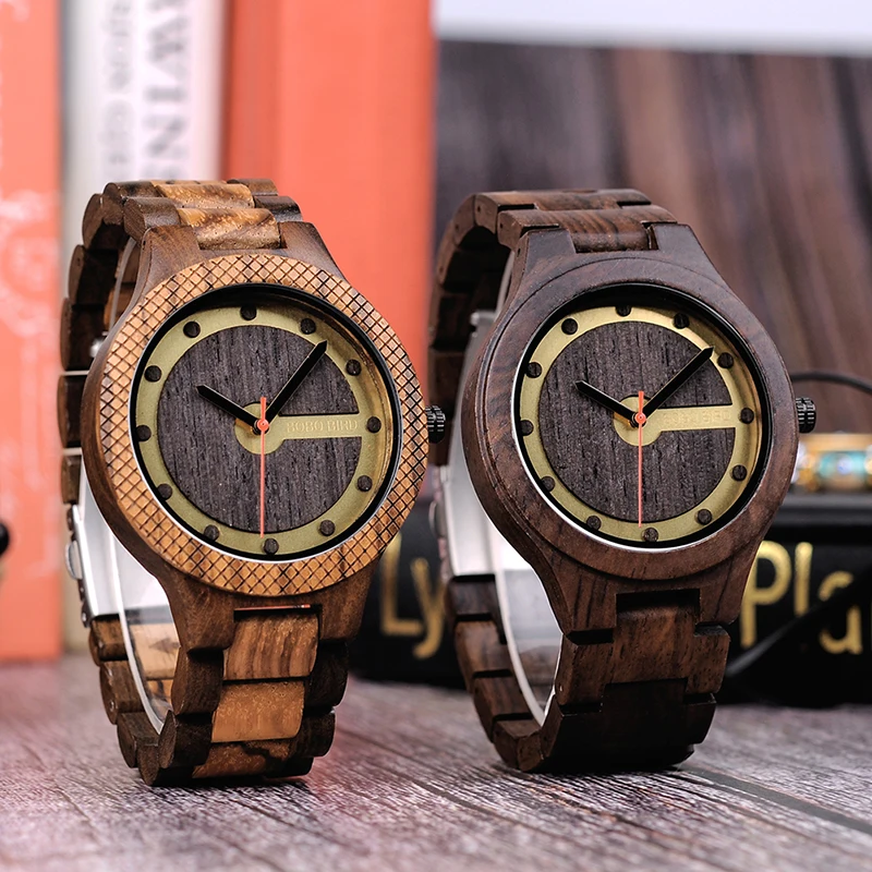Мужские деревянные часы BOBO BIRD Q09 простые кварцевые Zebrawood и черное дерево