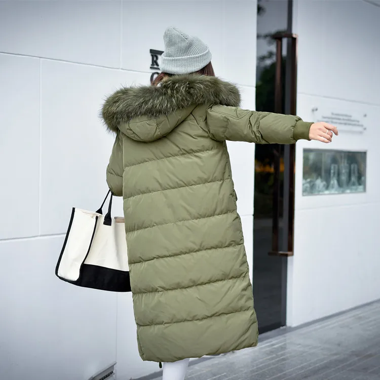 Армейский зеленый 2XL~ 7XL женские пуховики больших размеров, Длинная зимняя парка на утином пуху, пальто с натуральным мехом на капюшоне, женская утепленная зимняя одежда - Цвет: Армейский зеленый