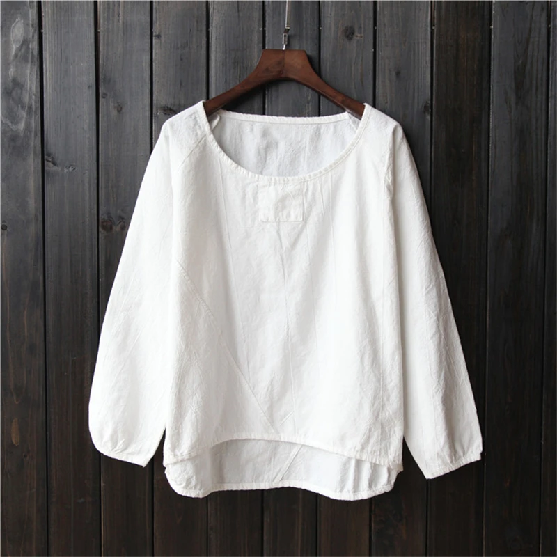 Johnature Women T-Shirts Long Sleeve Cotton Linen Tops Casual 2021 Autumn New O-Neck Loose Brief Puff Fashion | Женская одежда