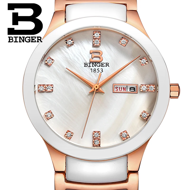 Бренд BINGER 2017 женские белые керамические часы роскошный браслет из розового