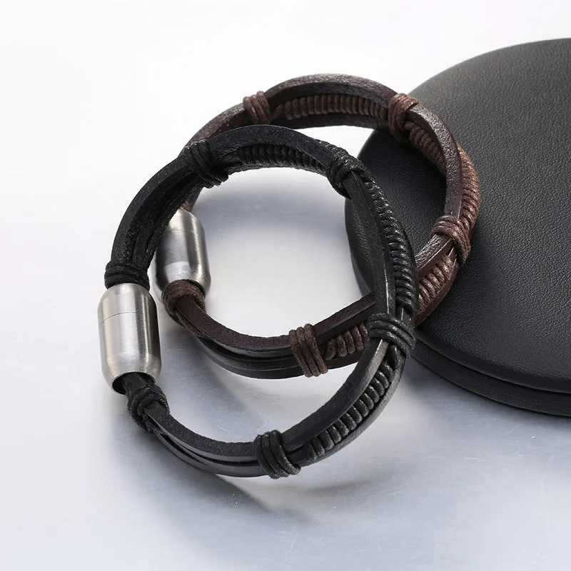 Fashion jewelry Bracelets &amp Bangles Leather simple domineering hand-woven leather men's bracelet stainless steel magnetic buckle |