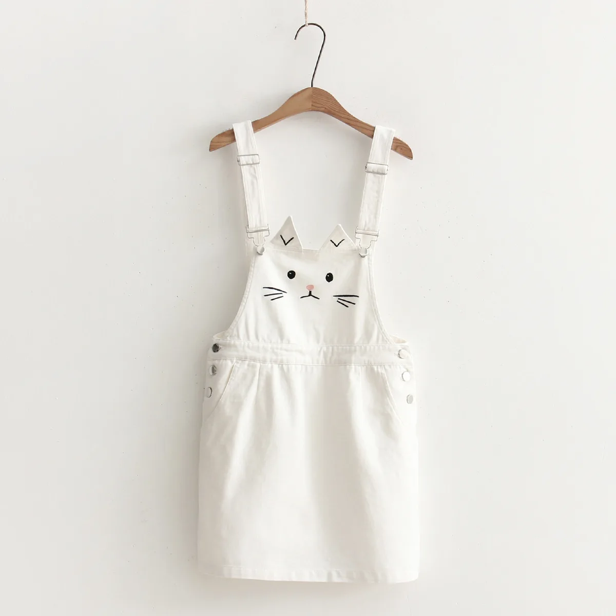 White VEVEFHUANG, японское женское платье Mori Girl с милым котом, Kawaii, с вышивкой в виде ушей, джинсовое платье на подтяжках, повседневный комбинезон, женское мини-джинсовое платье - Цвет: White