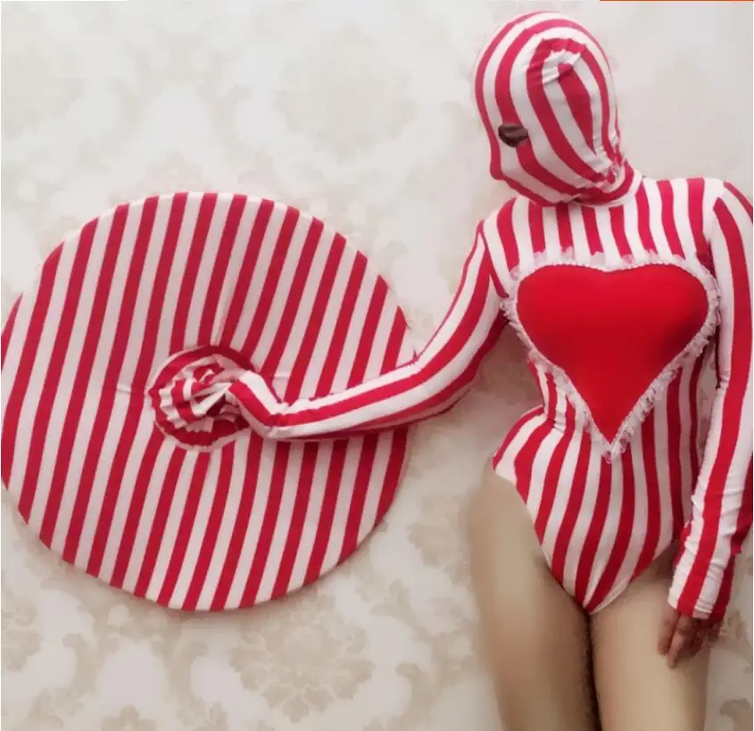Bodysuit Hat Красный белый полосатый стрейч обтягивающий костюм большая шляпа для ночного клуба певица DJ танцевальный костюм бар вечерние Подиум сценическая одежда - Цвет: Bodysuit Hat