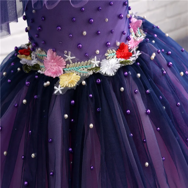 

In Stock Purple Tulle Short Sleeve Off The Shoulder Flower Girl Dresses Tea-Length Pearl Robe De Bal Fille Jurken 20806