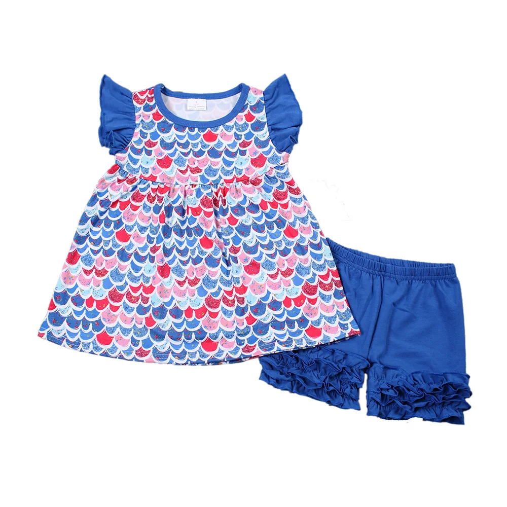 

Children girl sleeve with fish-scale blue print ruffle