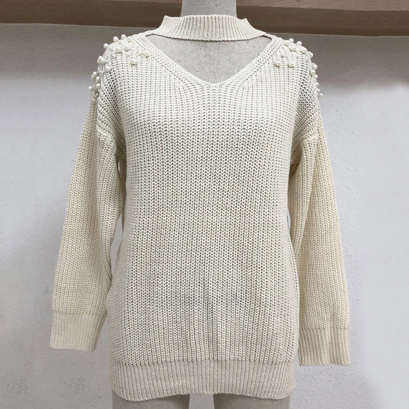 Autumn and Winter 2018 Women Tops Halter Pearl Sweaters Pullovers Elegant Cozy Knit Sweater Casual Loose Warm Jumpers Femme | Женская