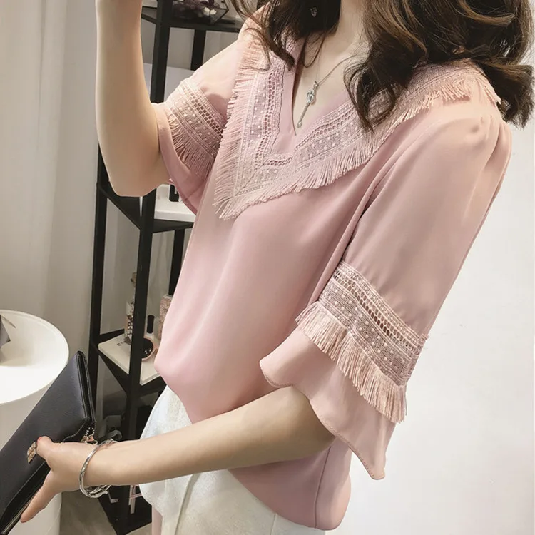 

2017 New Women Casual Basic Summer Lace Chiffon Blouse Top Shirt short sleeves V-neck blusas patchwork elegant Plus Size