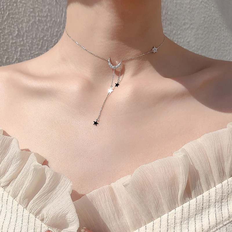 Серебро 925 пробы, звезда, луна, кисточка, ожерелье, Женская Корейская версия, ключица, цепь, простая личность