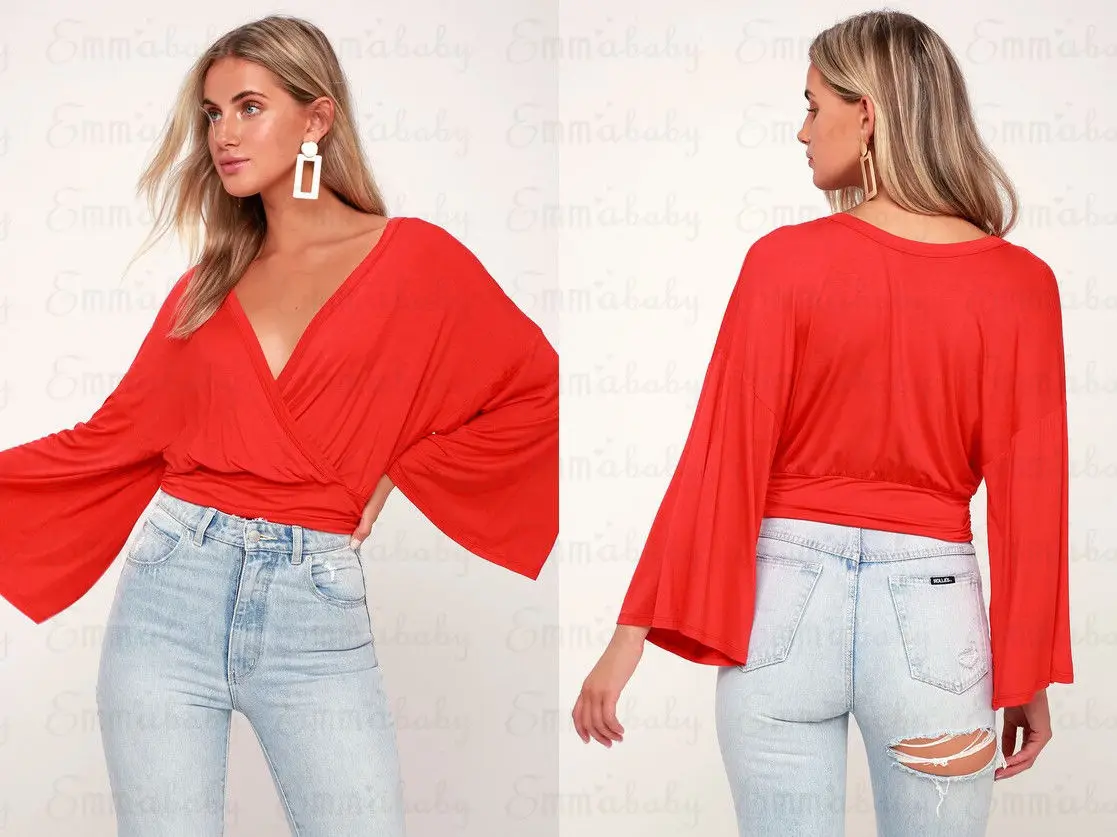 2018 Newest Women Deep V-Neck Cross Slim Crop Tops Long Sleeve T shirt Clubwear | Женская одежда