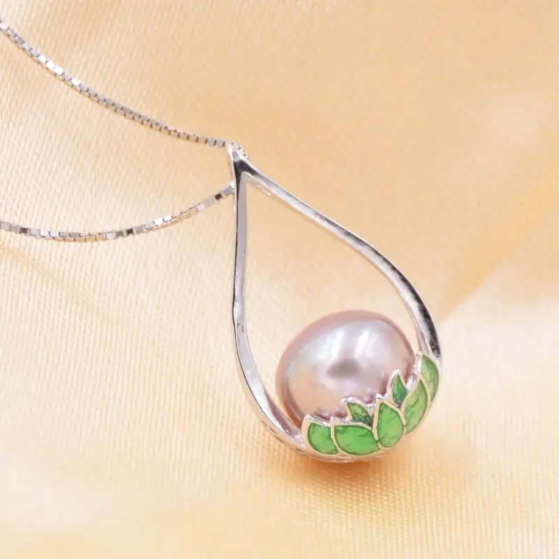Genuine 925 Sterling Silver Natural pearl lotus Pendant Necklace 10-11mm freshwater necklace jewelry for women Enamel |