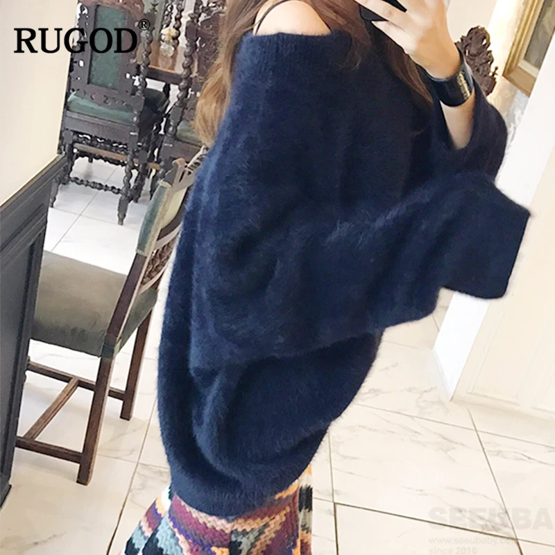 RUGOD 2019 Autumn and winter New White Pink Oversize Loose Slash Neck Hight Street style women sweater Pullovers korean | Женская одежда