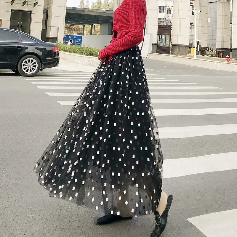 Весна лето женская юбка из тюля Jupe Femme сетка Boho длинная Плиссированная Юбка черно