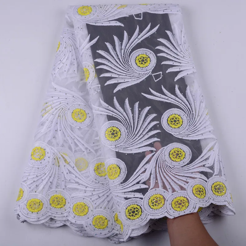 

Soft White African Milk Silk Lace Fabric Embroidery With Rhinestones 2019 Yellow French Net Tulle Lace For Wedding Dress S1438