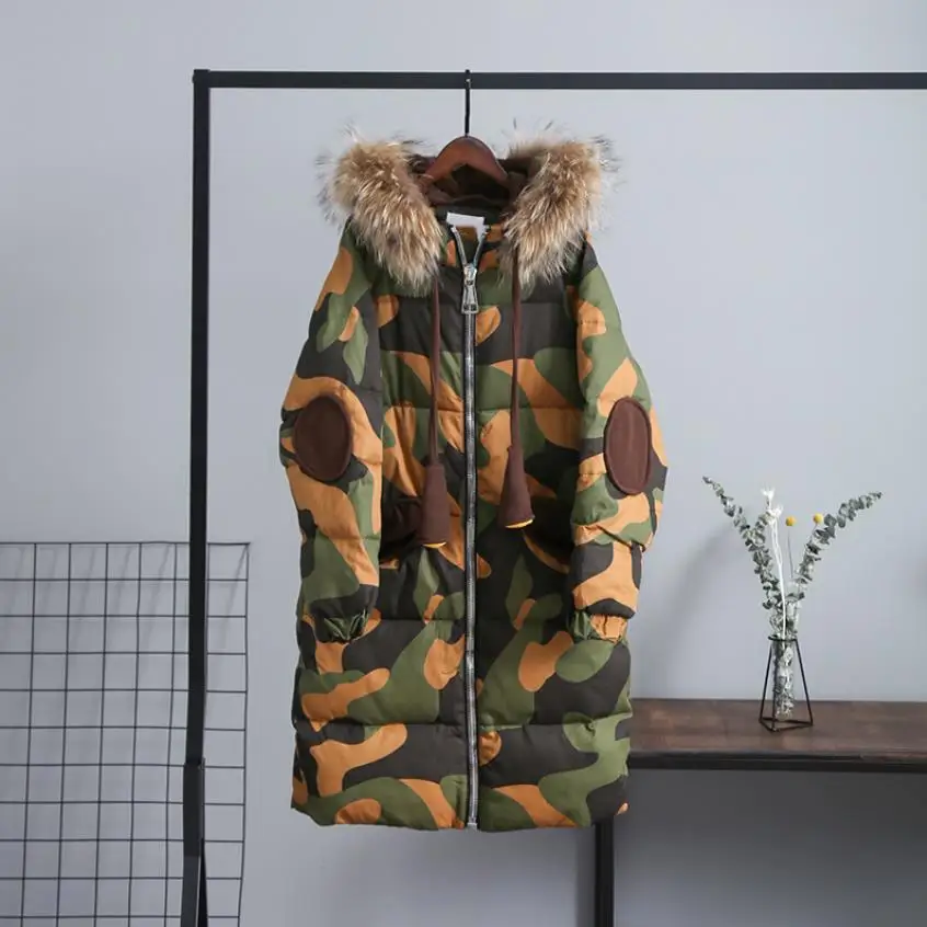 Winter British style good quality Camouflage real duck down coat female fur collar hooded long thicker warm wq717 | Женская одежда