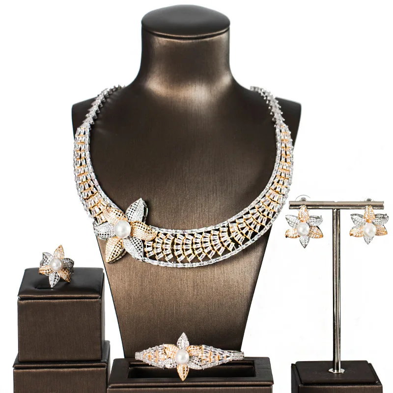 

2018 Luxury Sparkling Full Rhinestone Zircon Necklace Earrings Bracelet Ring Women Gold Silver Color Jewelry Set