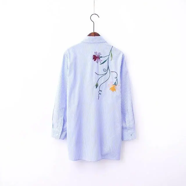 2017 Офис Синий Блузка Для Женщин С Длинным Рукавом Цветочные Рубашки отложной