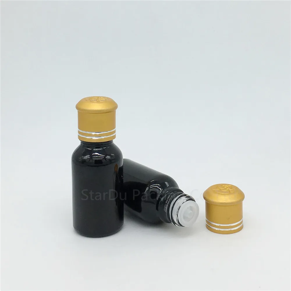 

Free Shipping 10pcs 15ML Black Bottle , 15cc Vials Essential Oil Bottle with Decorative pattern cap Perfume glass bottles
