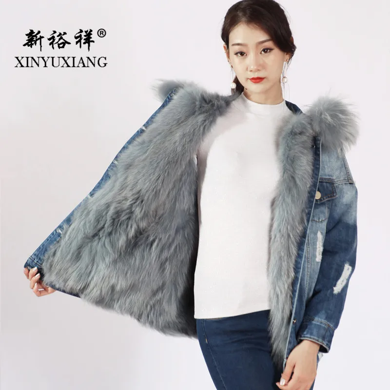 XINYUXIANG 2018 рваные джинсовые куртки для женщин 100% подкладка из натурального Лисьего