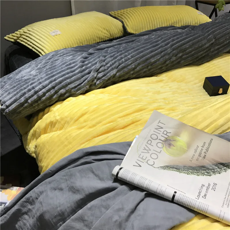 Winter Warm Soft Comfortable Double sided velvet Coral Fleece Mink Cashmere Bedding 4pcs Hot duvet Cover set lotus leaf sides | Дом и сад