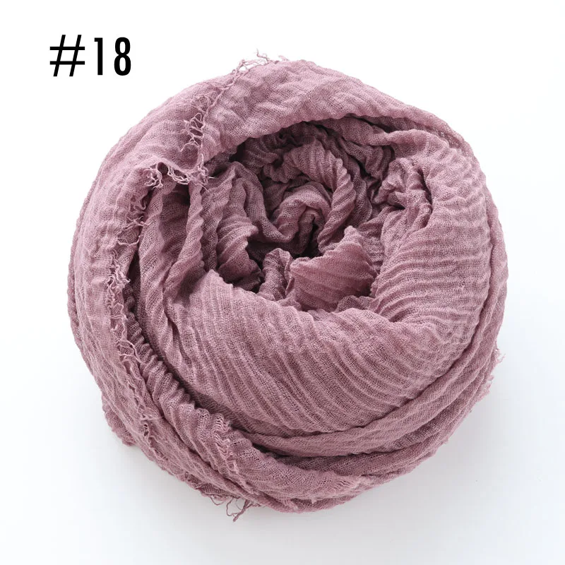 18 lilac Цельный женский шарф хиджаб с морщинами, большие размеры, ислам, шаль, головной убор, мягкий длинный мусульманский шарф с потертостями, хлопок, простой хиджаб - Цвет: 18 lilac