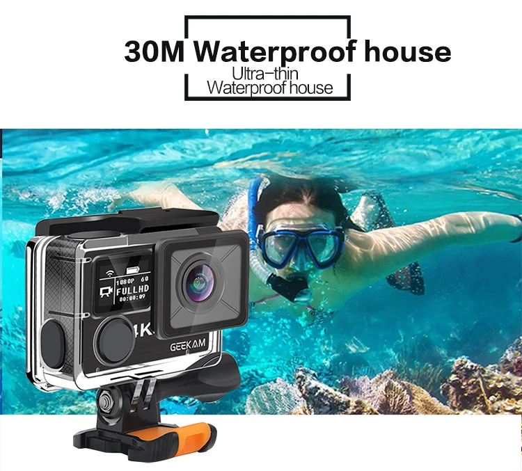 Экшн-камера GEEKAM K3R/K3 Ultra HD 4 K/30fps 20MP WiFi 2," 170D с двойным экраном, водонепроницаемая камера для подводного плавания на шлем, велосипедная спортивная видеокамера
