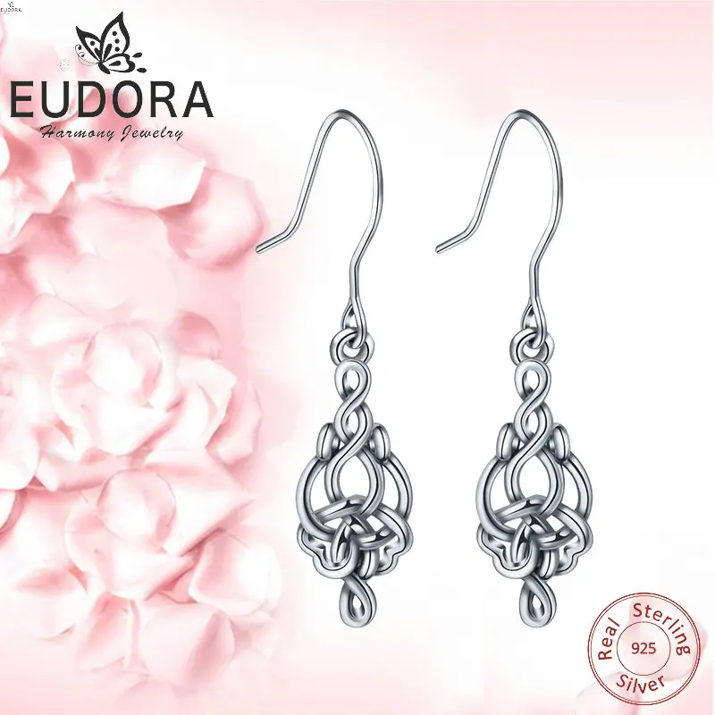 Уникальные серьги EUDORA из чистого 925 пробы серебра с кельтским узлом, модные висячие серьги в форме сердца для женщин, хорошее ювелирное изделие, очаровательный подарок - Окраска металла: Родиевое покрытие