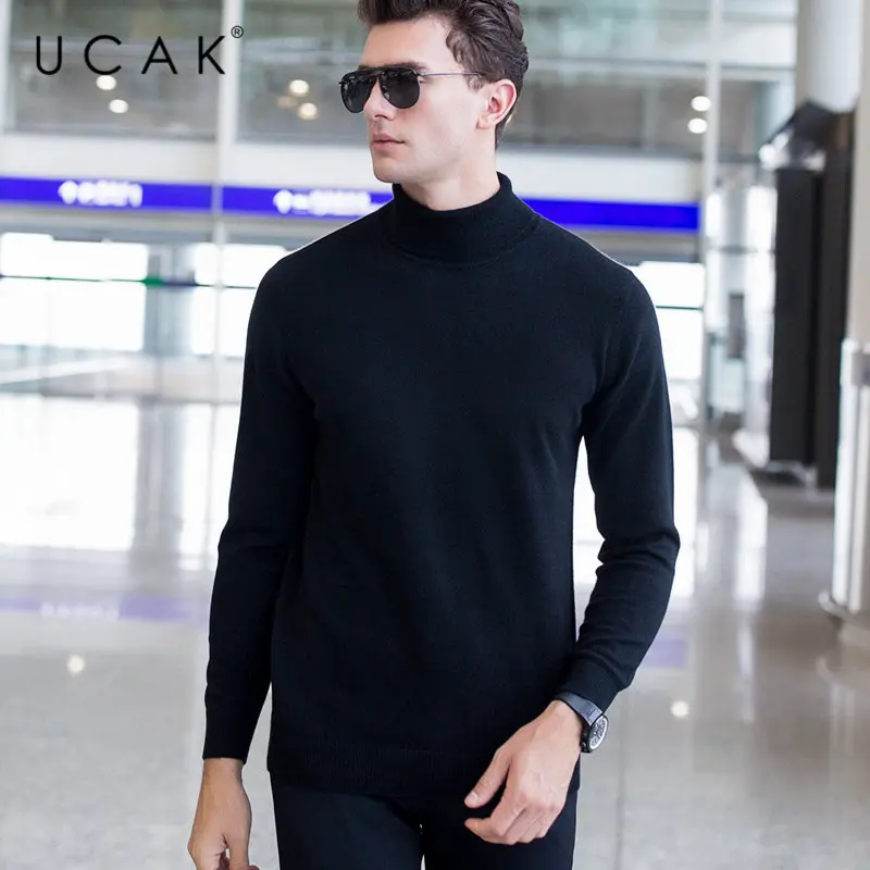 Черный UCAK, брендовый мужской свитер, классический, Повседневный, Pull Homme, чистый мериносовый шерстяной пуловер для мужчин, Осень-зима, кашемировый свитер с высоким воротом, U3004 - Цвет: Черный