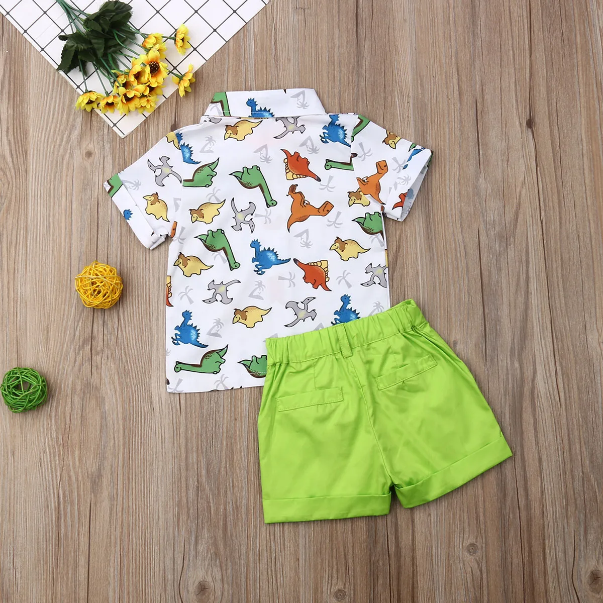 New Toddler Baby Boys Summer Dinosaur Cartoon Short Sleeve Tops T-shirt +Solid Color Pants Shorts 2Pcs Outfits Kids Clothes Sets |