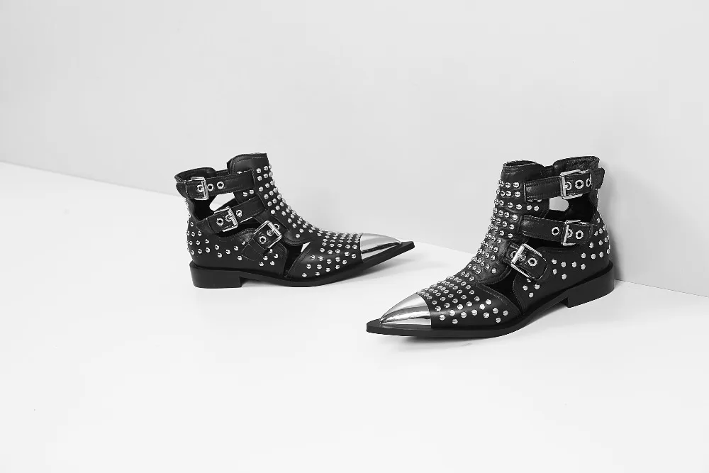 Studded Cow Leather Street Ankle Boots Buckles Women Flat Gladiator Boots Zapatos Mujer Ladies Punk Metal Toe Cap Shoes Size 43