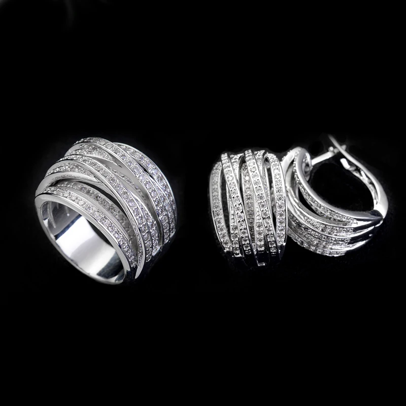 Серьги и кольца с покрытием из белого золота фианитами|earrings and ring set|set for womenearrings