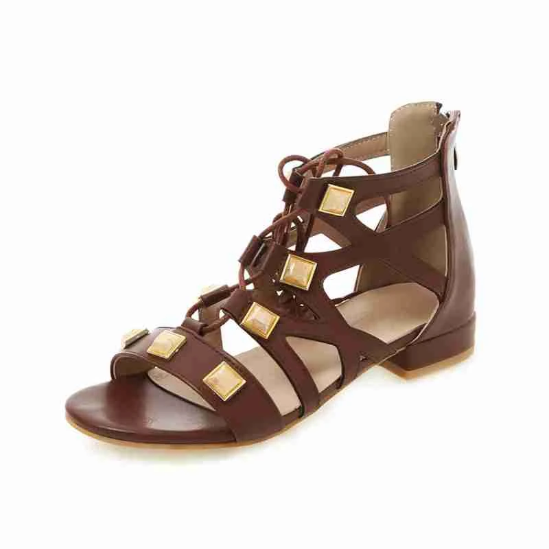 FAMSO 2019 New Women Sandals Black Brown gray Cross-Strap Lace-up Flats Heels Summer Rivets Lady Casual Shoes | Обувь