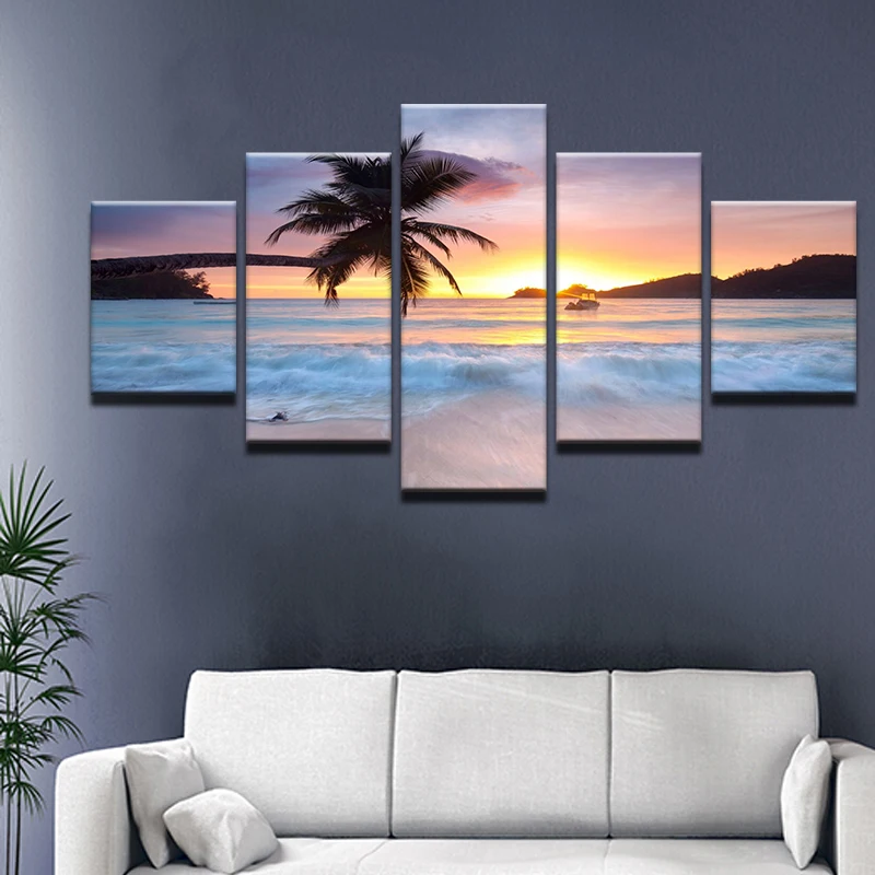 5 Pieces Canvas Art Landscape Painting Beach Wall Pictures for Living Room Home Decor No Frame | Дом и сад