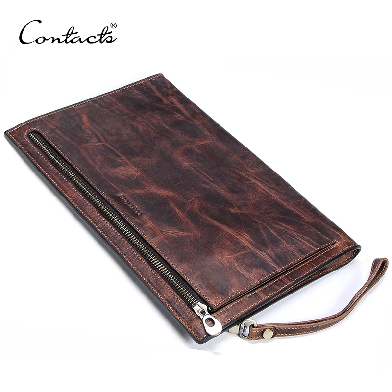 

CONTACT'S Crazy horse leather men Clutch bag with zip Coin pocket Credit card wallet large vintage male handbag for 9.7in iPad