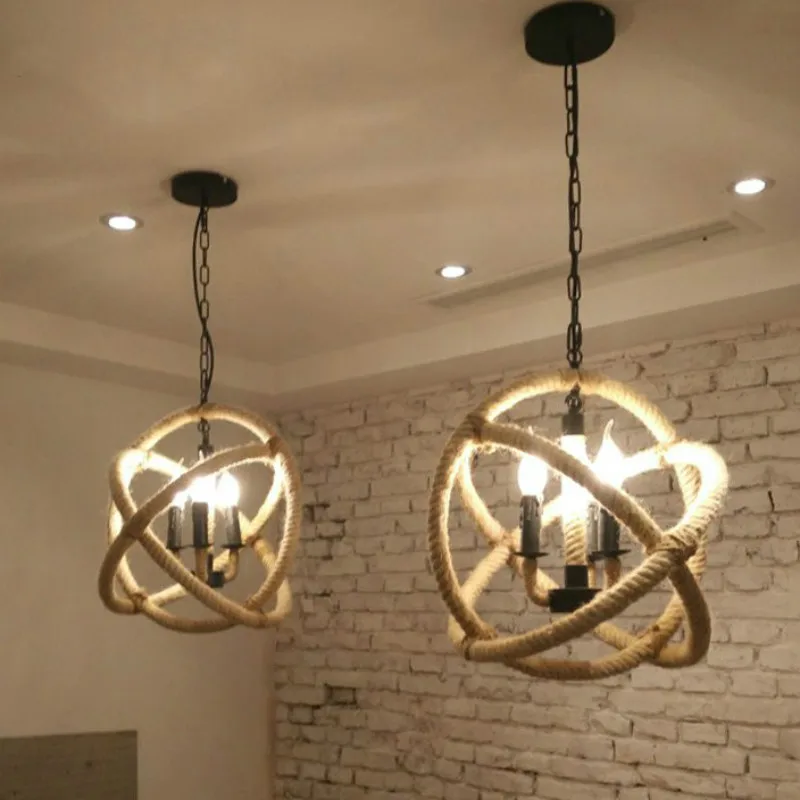 

American retro restaurant rope E14 bulb chandeliers European vintage iron ball chandeliers light creative industrial wind