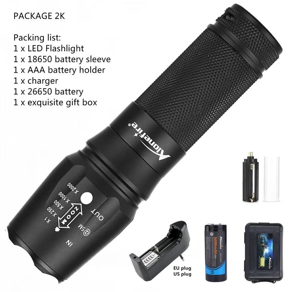 ALONEFIRE X800 Zoom Cree XM-L2 T6 светодиодный фонарь Zaklamp фонарь защитный Тактический светильник-вспышка ночной Светильник 26650 перезаряжаемый аккумулятор - Испускаемый цвет: PACKAGE 2K