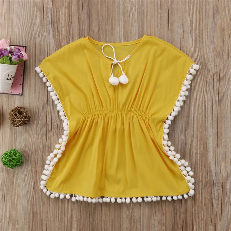 Детское пляжное платье новинка 2019 летнее с бахромой и цветами желтое розовое для