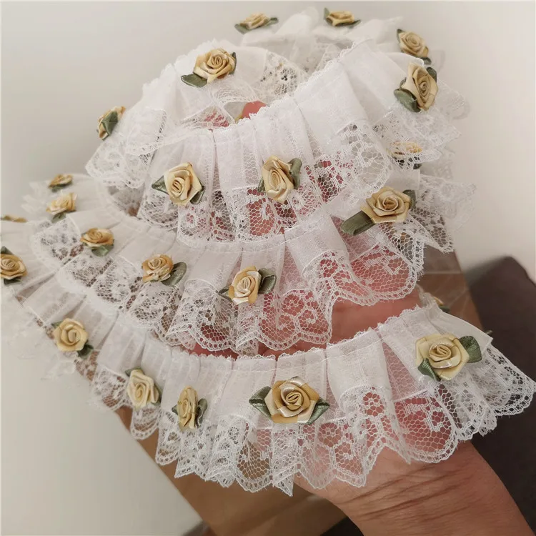 3 ярда Многоцветный 3D Роза цветок кружева отделка розовая розетка для ручной