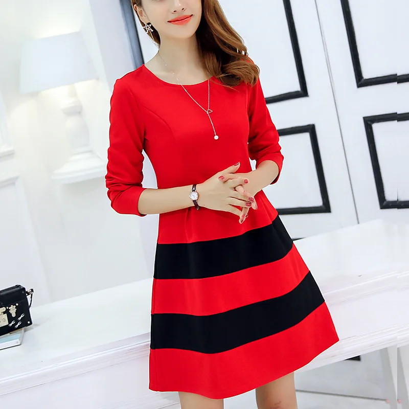 2017 New Women Elegant Dress Autumn Long Sleeve Round Neck Mini Vestidos Female Sweet Cute Striped Patchwork Dresses | Женская одежда