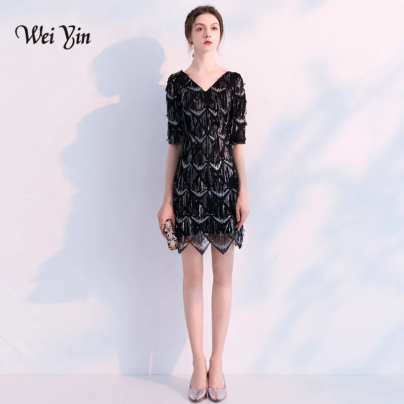 

Weiyin, черные вечерние платья с длинным рукавом и блестками, модель WY749