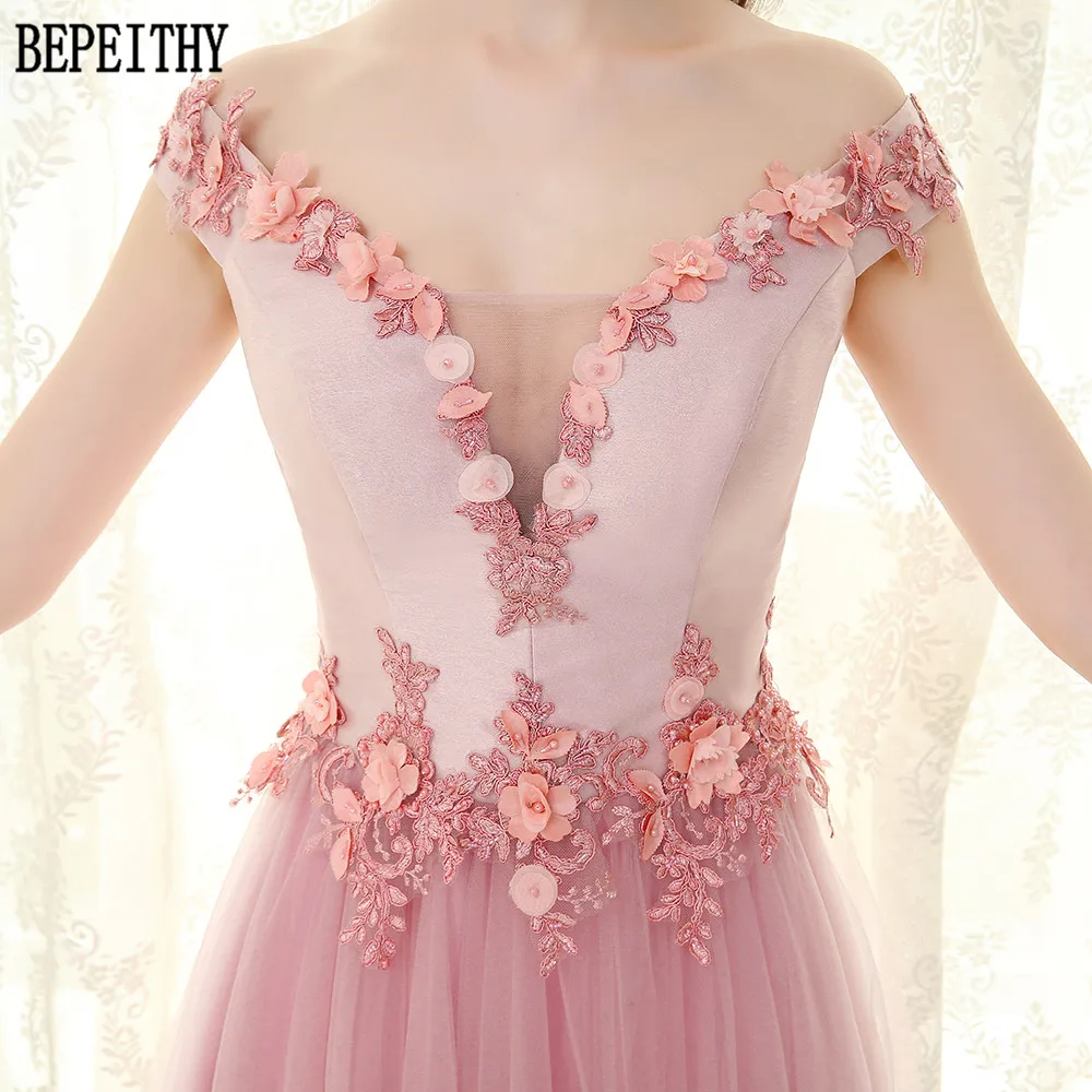 BEPEITHY vestido de festa пыльно-розовое ТРАПЕЦИЕВИДНОЕ фатиновое платье с v-образным вырезом и цветами, аппликация вечернее платье вечерние элегантные Длинное выпускное платье