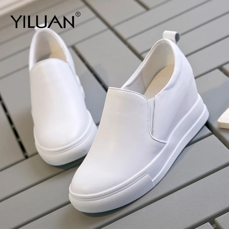 

Yiluan 2019 spring autumn new Genuine Leather women casual Pumps shoes increased white platform shoes wedges foot Loafers