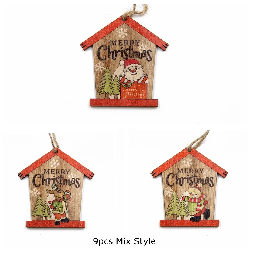 9PCS Mix Type B 9 шт. напечатанный мини-дом рождественские деревянные подвески орнамент с рождественской елкой DIY деревянные поделки для дома украшения для рождественской вечеринки детские подарки - Цвет: 9PCS Mix Type B