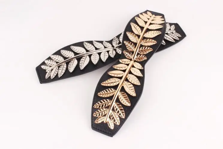 

Vintage Women Belt Leaf Design Clasp Front Stretch Metal Gold Silver Waist wide Belt Skinny Elastic Cinturon Ceinture Femme