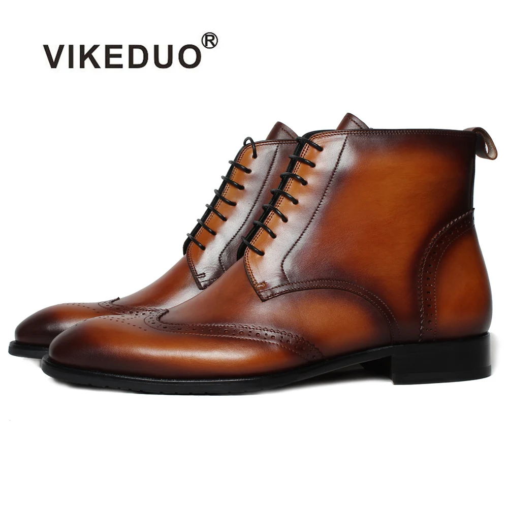VIKEDUO/винтажные мужские ботильоны с перфорацией типа броги Однотонная коричневая