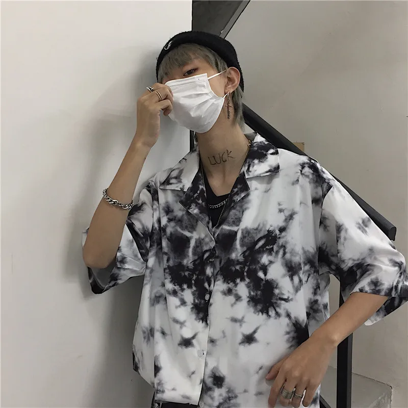 Tie Dye, Ретро стиль, хиппи, с принтом, короткий рукав, v-образный вырез, отложной, свободная блузка, летняя, Harajuku, уличная, Корейская, женская рубашка, топ, блуза